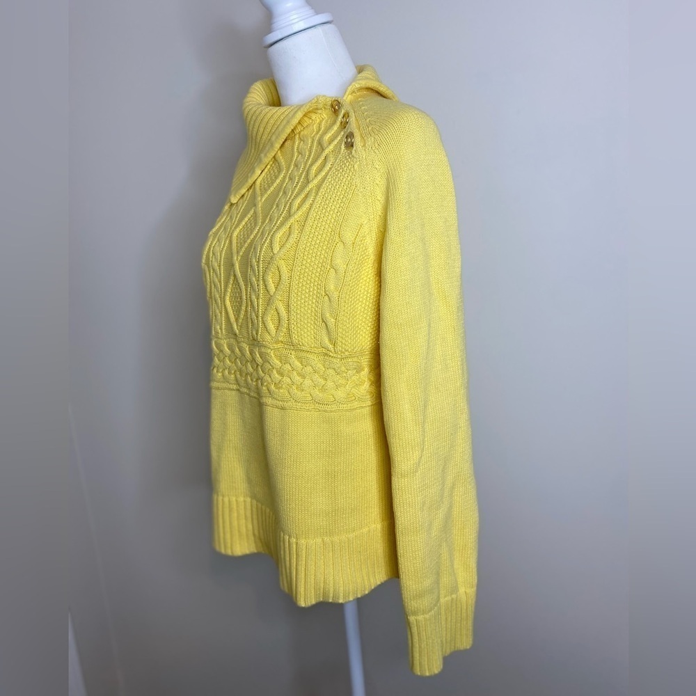 CHAPS Yellow Cable Knit Sweater Oversized Collar Side Gold Button Detail XL - Picture 3 of 7